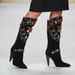 JEFFREY CAMPBELL
A-ha Embellished Tall Boot In Black Suede Bright Multi